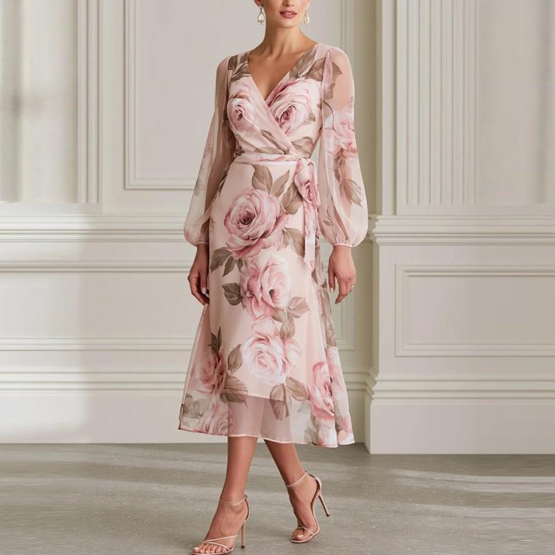 2026 Floral Print V-Neck Lantern Sleeve