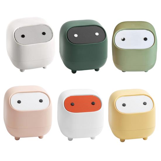 Desktop Trash Can with Folding Cover Press-Type Opening Mechanism Compact Size Cartoon Shape Trash Bin