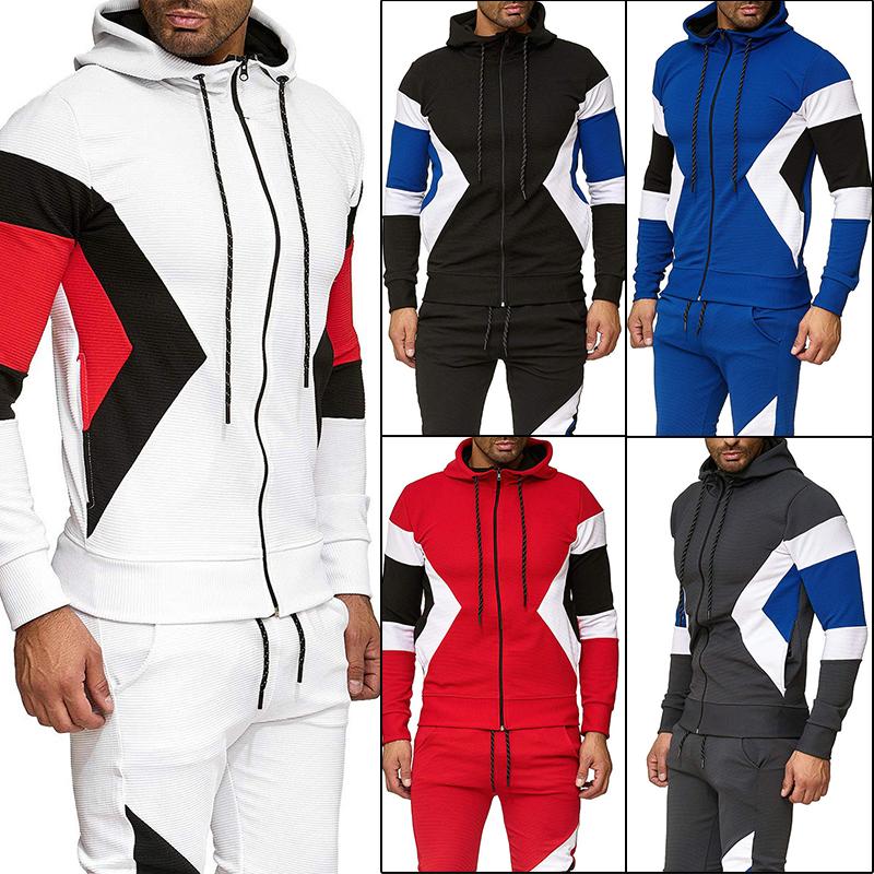 Cheap Fall Men's Hooded Zip Sweater Loose Colorblock Cardigan Suit