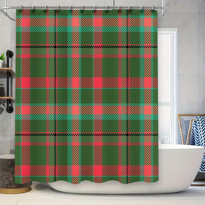 

Green Plaid Shower Curtain Waterproof Fabric Home Bathroom Decor Festive Pattern For Christmas Holidays (Red Square Design) W60H190(CM)-1 Pcs