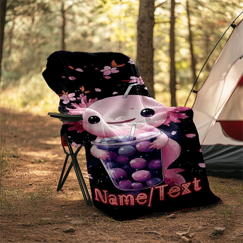 1PC Custom Name Axolotl Cherry Blossom Drink Outdooor Flannel Blankets Throw Blanket All-Season Throw Gift Bedspread for Couch, Bed, Camping Holiday B