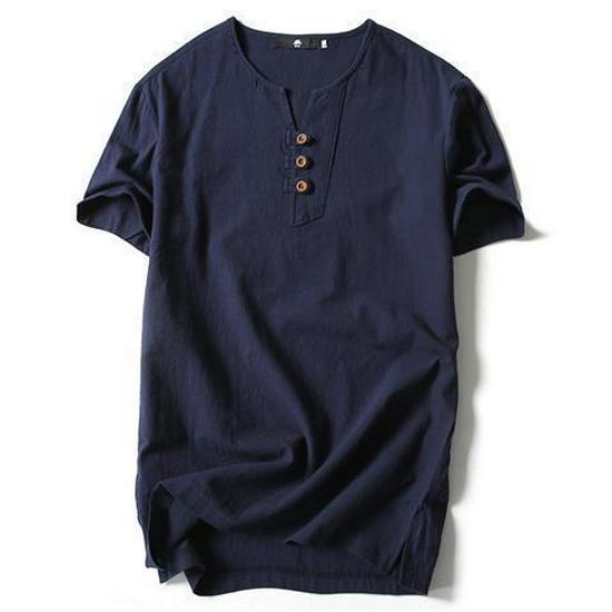 Men's Chinese-Style V-Neck Linen T-Shirt - Short-Sleeved, Solid Color, Summer Cotton Blend