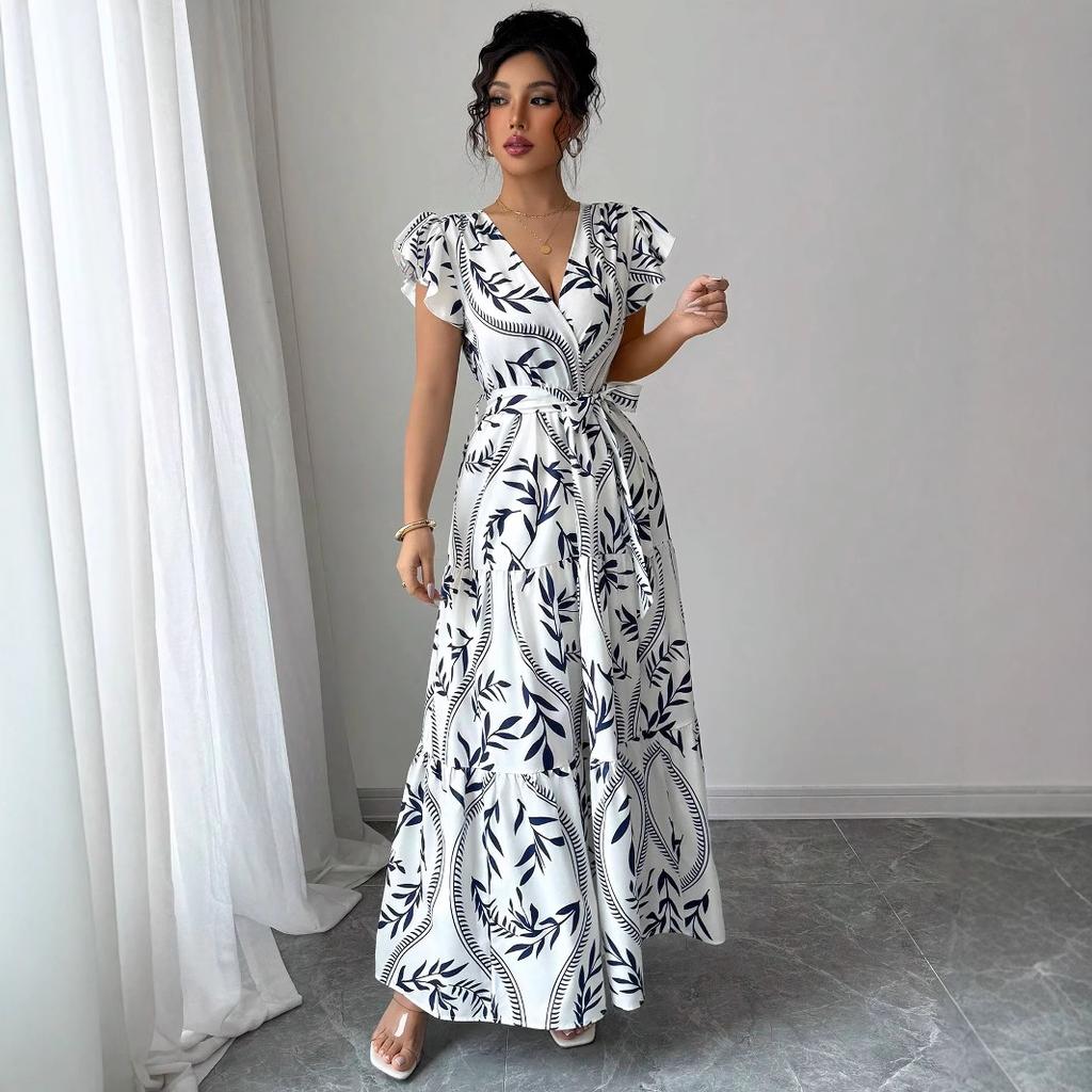 Spring and Summer New Printed Lotus Leaf Edge V-neck Sexy Slim and Thin Long Dress Dress