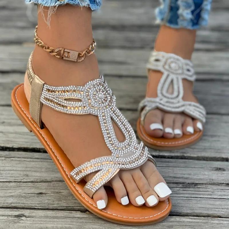 2025 High Quality Women's Shoes Elastic Band Women's Sandals Fashion Crystal Casual Sandal Swomen Summer Plus Size Flat Sandals