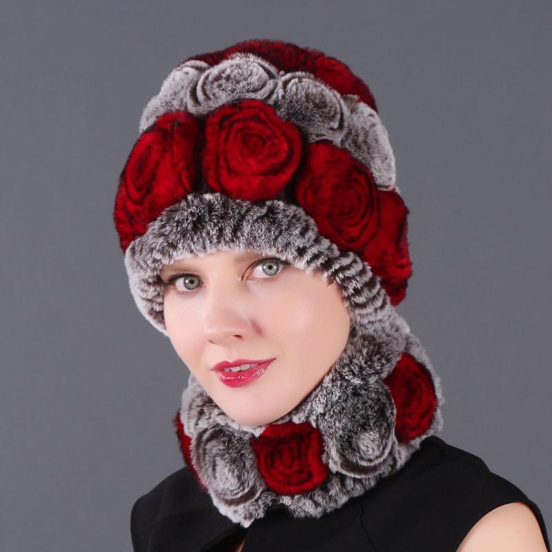 Rex Rabbit Rose Hat and Flower Scarf Set Specializing in the production of Rex Rabbit Scarf Hat Two-piece Adult Hat