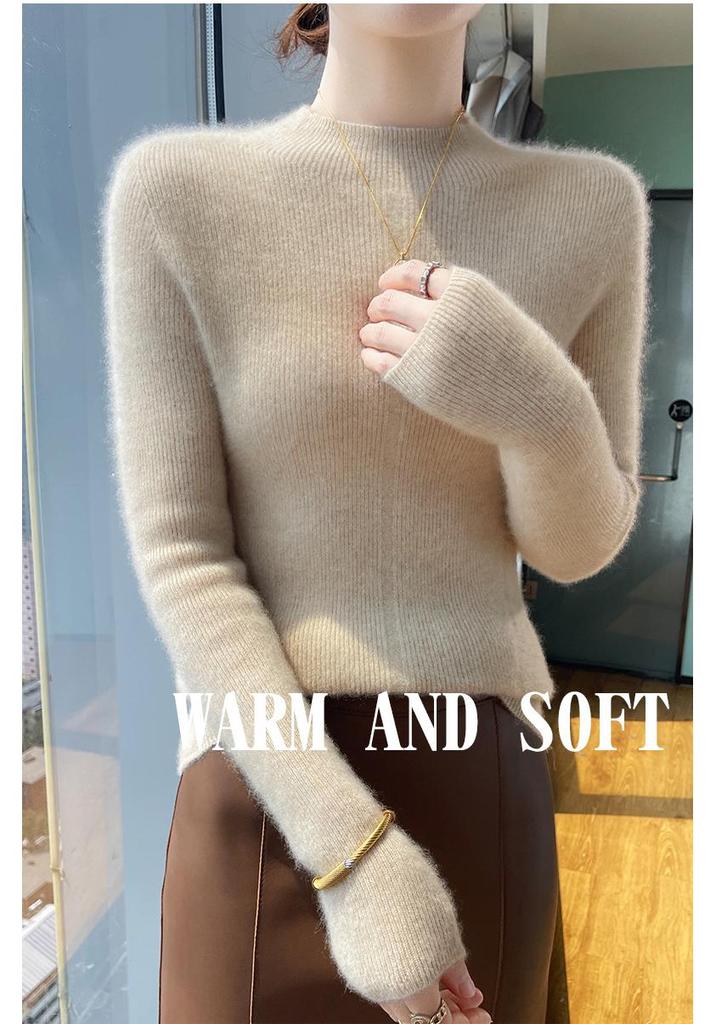 Women's Slim-Fit Wool Sweater - Autumn/Winter, Versatile Cashmere Knit, Half-High Collar