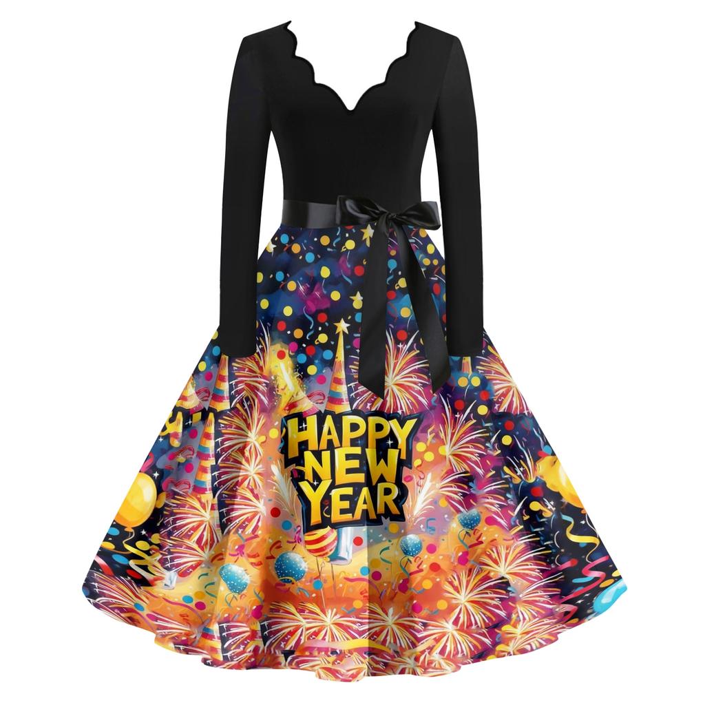 Dámské ležérní módní novoroční potištěné šaty s výstřihem do V ve vintage stylu