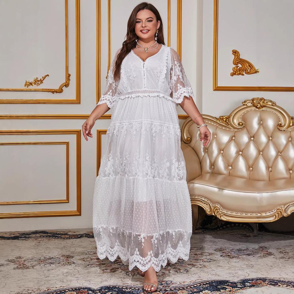 Large Size Women's Clothing European and American Summer New V-neck Short-sleeved Lace Dress Women