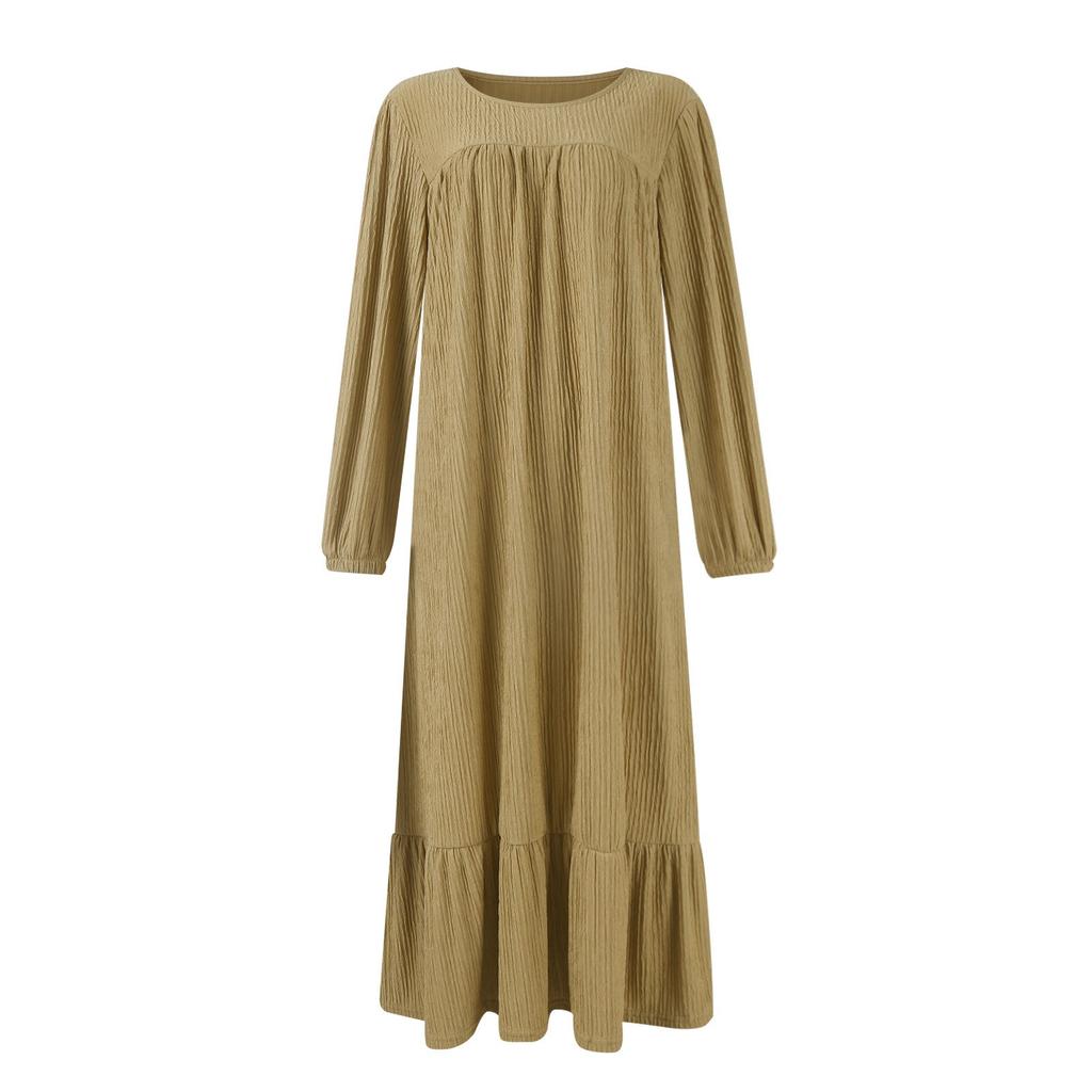 Women's Casual Fashion Long Sleeve Dress Retro Color Vintage Long Dresses with Pocket Fall And Spring