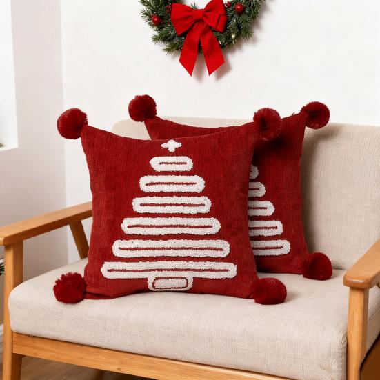 Christmas Tree Pattern Throw Pillowcase with Tassel Hair Ball Decoration Pillow Cover Farmhouse Style Cushion Cover