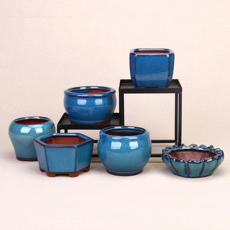 Ceramic Miniature Hand-Shaped Purple Clay Succulent Pot with Blue Glaze - Small Flower Pot for Balcony Seedlings