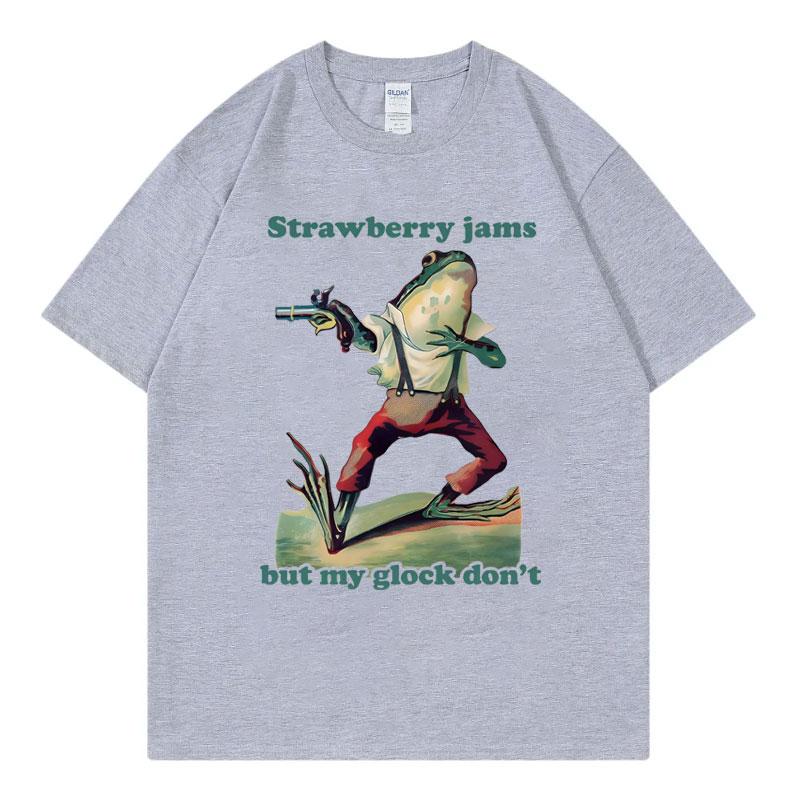 Strawberry Jams But My Glock Dont Funny Frog Meme Tshirt High Quality Fashion Oversized T Shirt Unisex Casual Cotton Tshirts