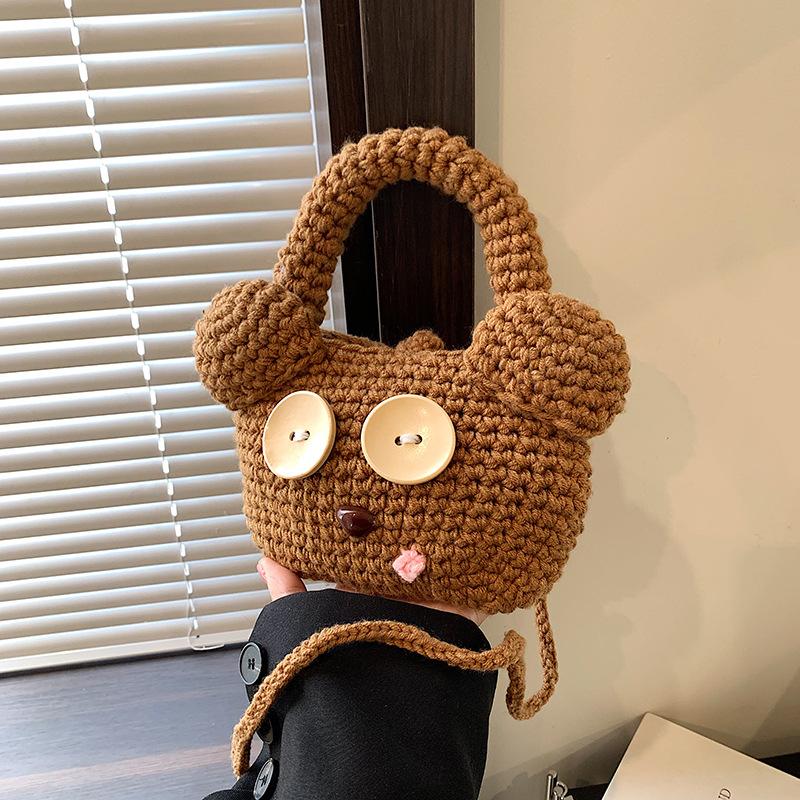 2025 Autumn and Winter New DIY Handmade Wool Woven Mini Cute Portable Messenger Bear Bag Cartoon Finished Bag