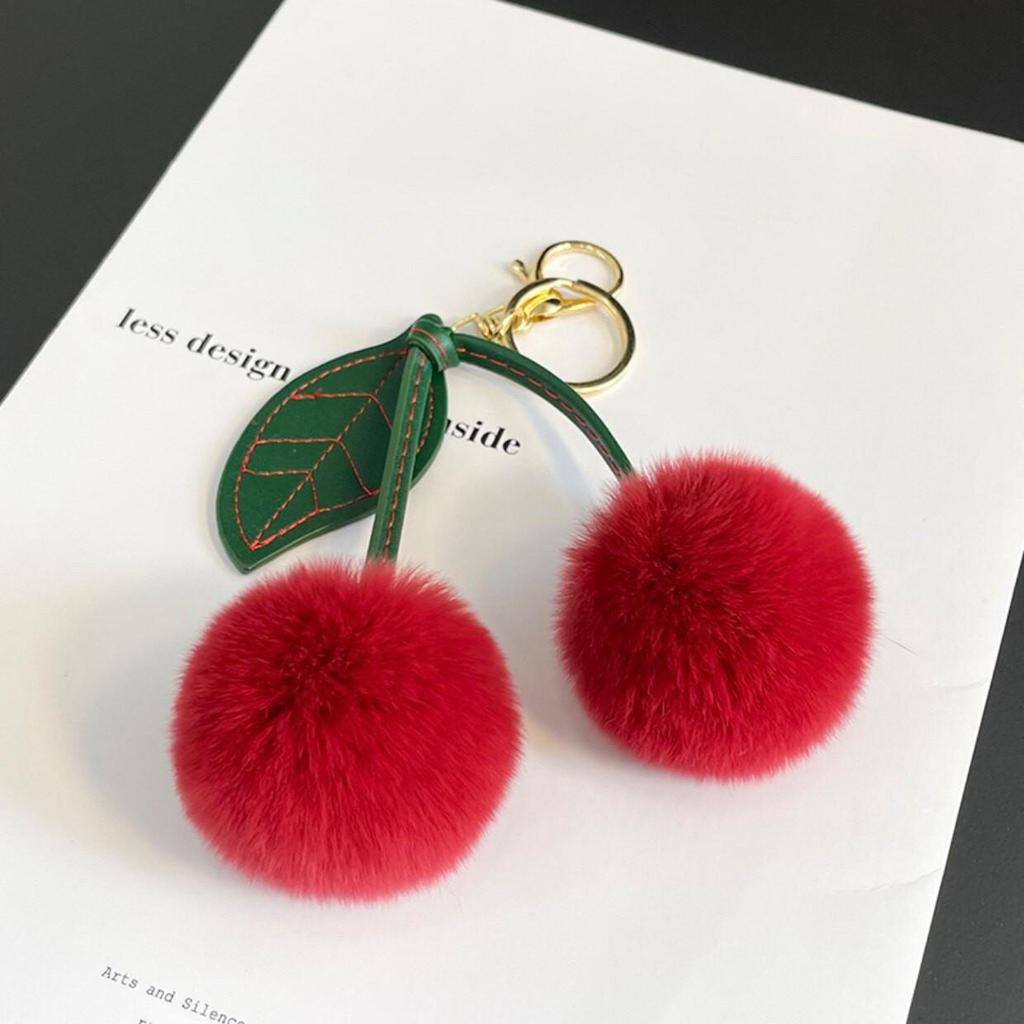 Faux Fur Cherry Leaf Plush Keychain - Fashionable, Cute Car Charm