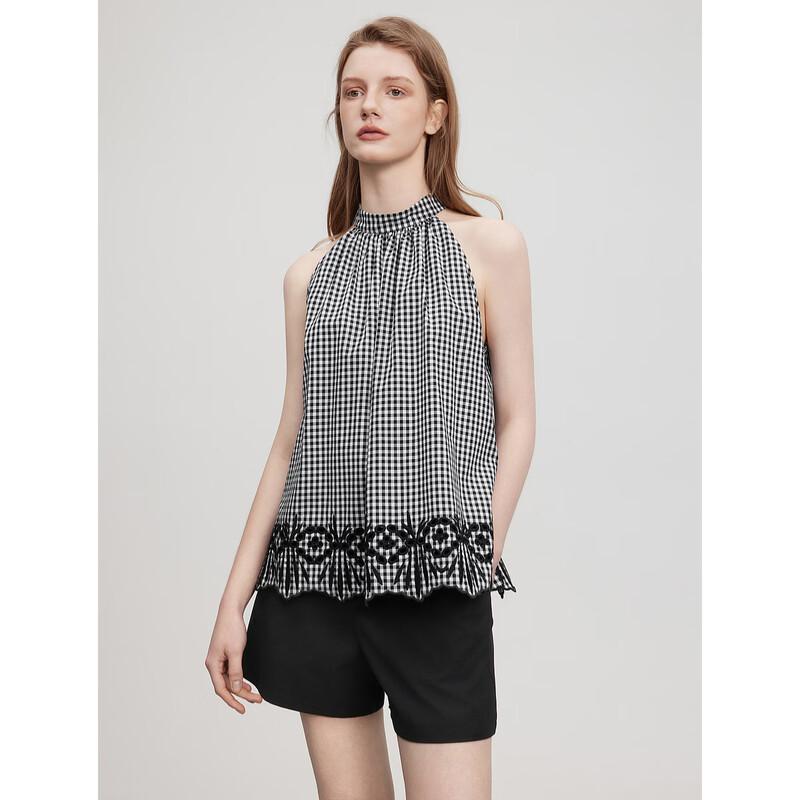 ELLE Women s Plaid Sleeveless Tie-Front Top M