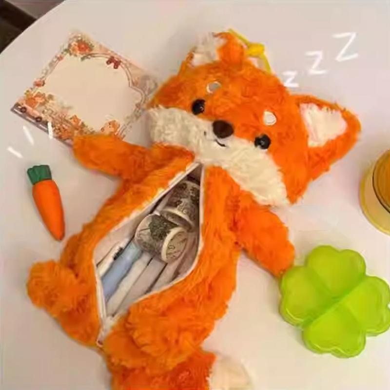 Students Cute Fox Doll Plush Pen Bag Cartoon Animal Pencil Case Large Capacity Stationery Organizer