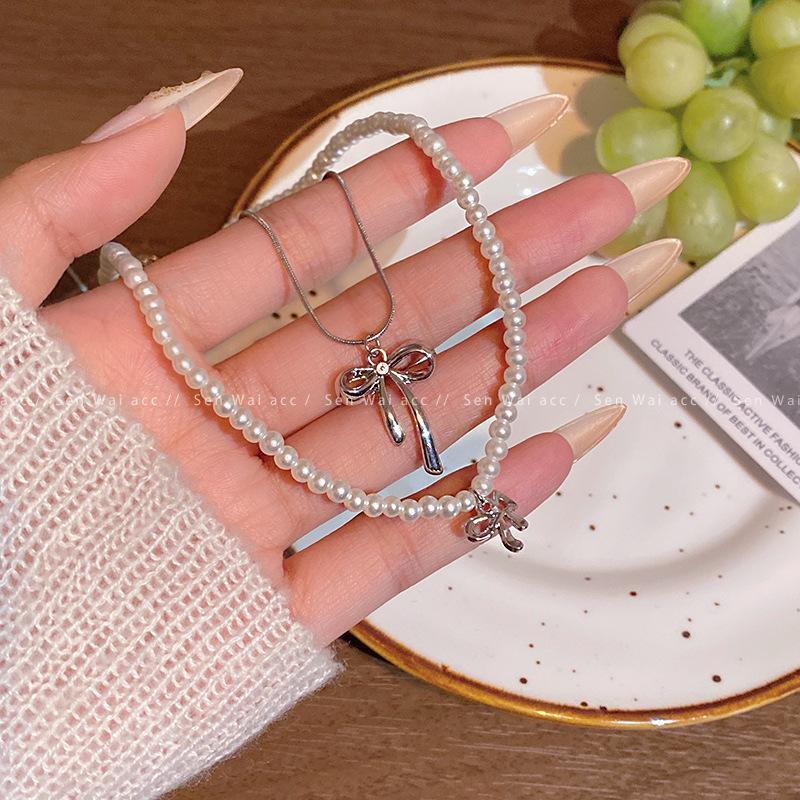 Gentle and Sweet Temperament Double Stacked Bow Necklace Female Niche Pearl Collarbone Chain Neck Chain