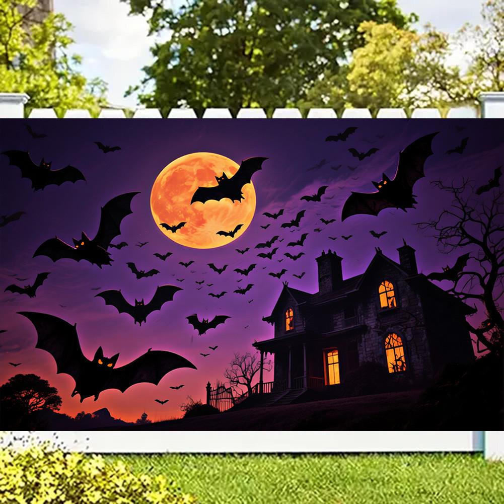 With Castle,Bats,Full Moon Elements-Halloween Backdrop Tapestry for Photo Booth,Party Event,Holiday Celebration,Wall Decor
