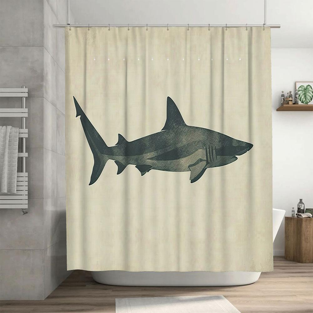 Stylish Shark Printed Shower Curtain for Bathroom Decor Modern Waterproof Fabric 180x180cm Single Panel White Color Available on