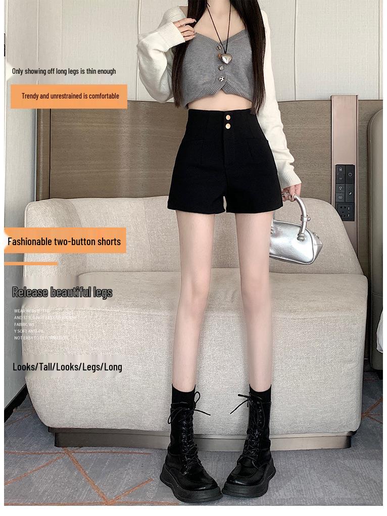 Women's High-Waist A-Line Black Suit Shorts - Summer 2024 - Slimming Fit with Elastic Waistband.