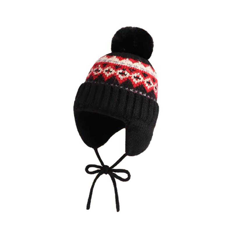 Fair Isle Style Fur Ball Knitted Hat for Women Autumn and Winter Ear Protection Woolen Hat Northeast Thickened Warm Outdoor Pullover Hat Trend