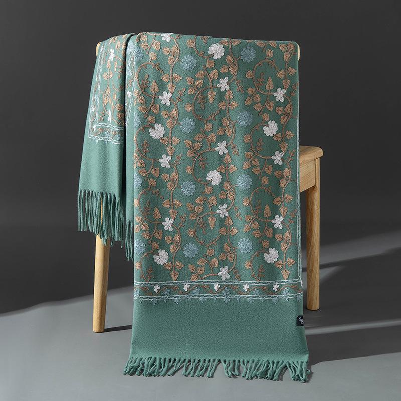 Xinjiang Embroidered Imitation Cashmere Scarf: Women’s Ethnic Style, Warm and Versatile with Tassels