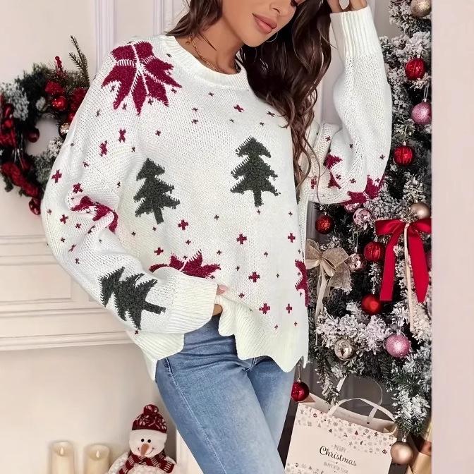 2026 Winter Snowflake Christmas Tree Print Women's Loose Knit Sweater