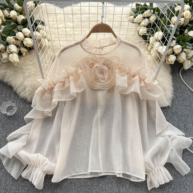 

Женская сетчатая рубашка с нерегулярными оборками, весенне-осенний пуловер, плиссированный топ Niche Slim Chic One size абрикосовый