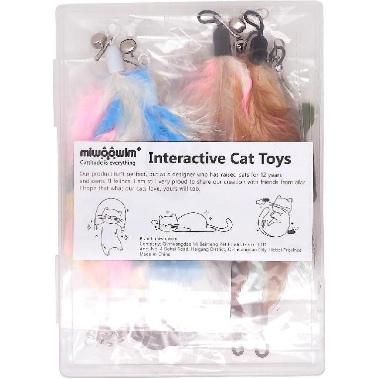 12 Pack Cat Wand Feather Toy Refills with Bells , Natural Feather Replacement for Interactive Teaser Toys, Colorful Wand Attachments, Durable and