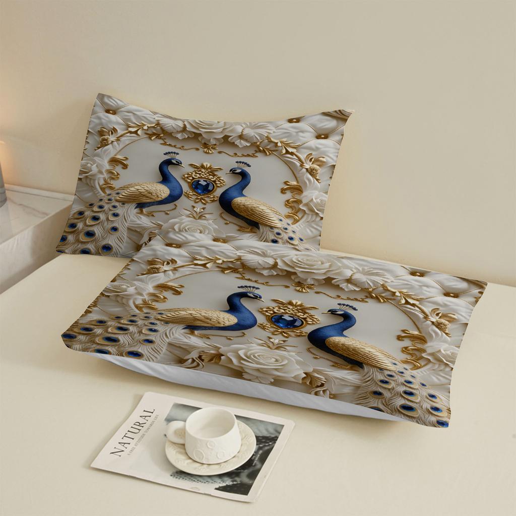Peacock Floral Bedding Set Fitted Sheet Set Cream Gold Blue Peacock And Rose Pattern With Pillowcases For Bedroom Decor
