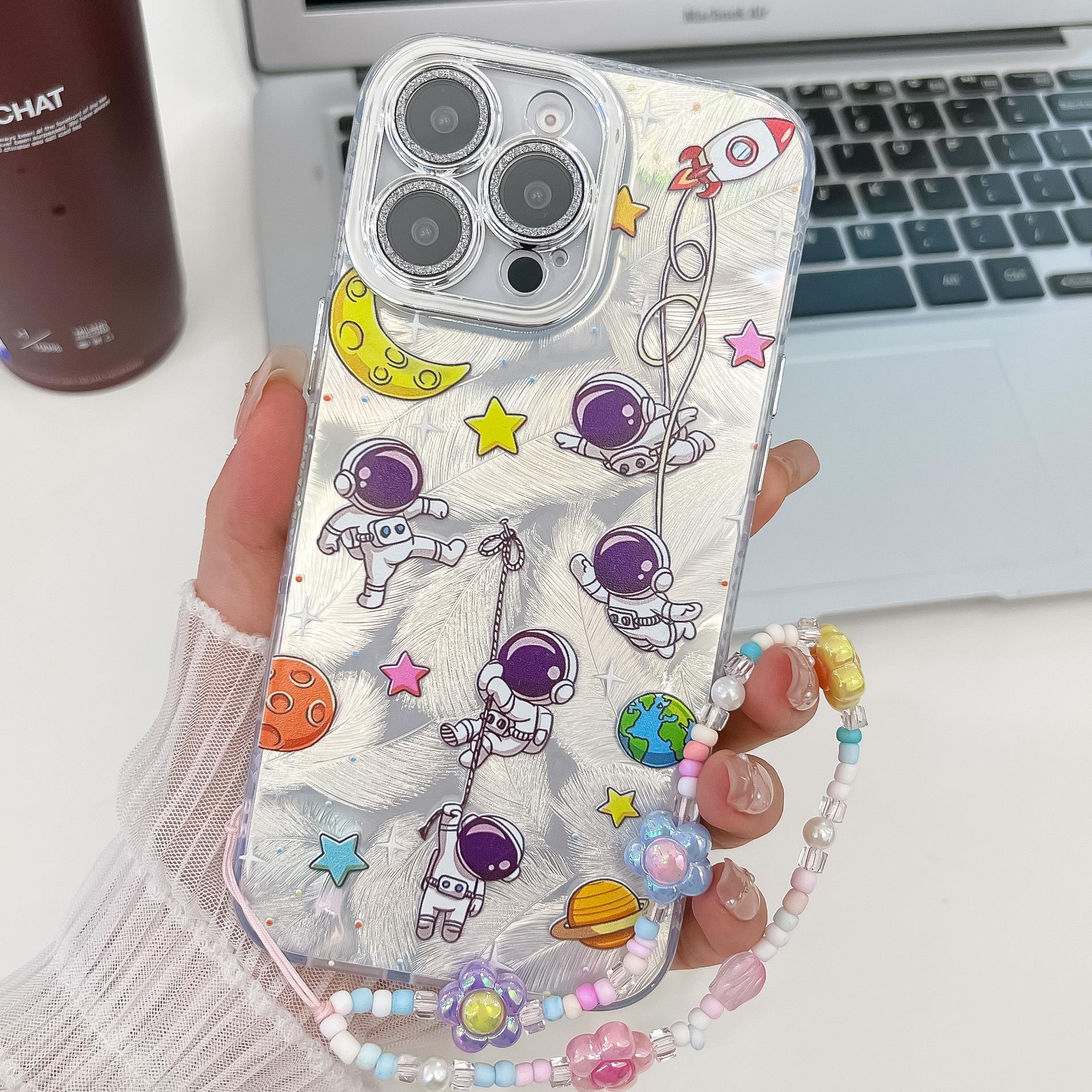 

For iPhone 16 Pro Max Case IMD Cartoon PC+TPU Back Cover with Glass Lens Film,Beaded Strap MK4