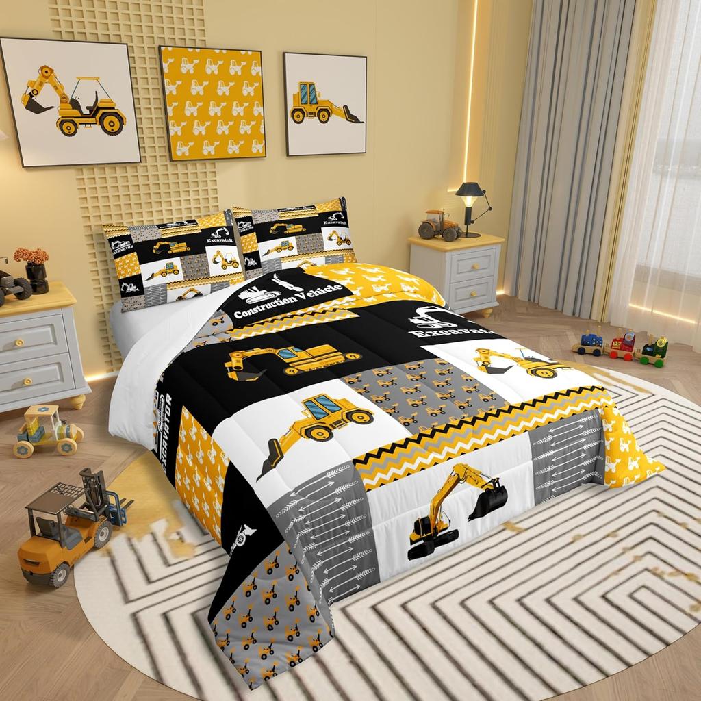Feelyou Excavator Comforter Construction Vehicles Comforter Set Equipment Trucks Bedding Set for Children Kids Boys Girls Cartoon Car Duvet