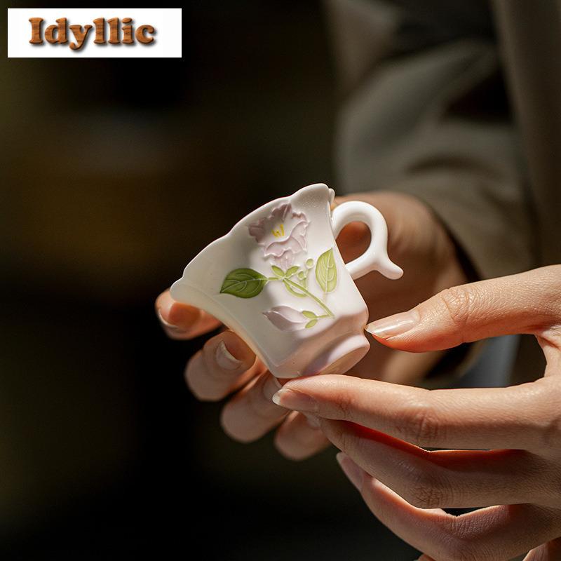 2pc/lot Hand-painted Japanese Flower Mouth Ear Lifting Teacup Zen Tea Bowl Mug Tea-tasting Fragrance Cup Chazhan Master Cup 55ml