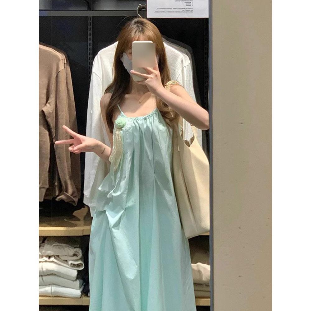 

Мятно-зеленое французское приморское платье на тонких бретельках - Весенне-летний шик, длинная юбка M-(recommended for 90-100 jin) зелёный