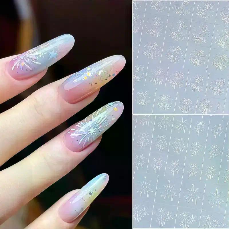 New Year Pony Firework Nail Stickers Transparent Spray-painted Stencil Templates Patting Adhesive Auxiliary Tool Nail Stickers