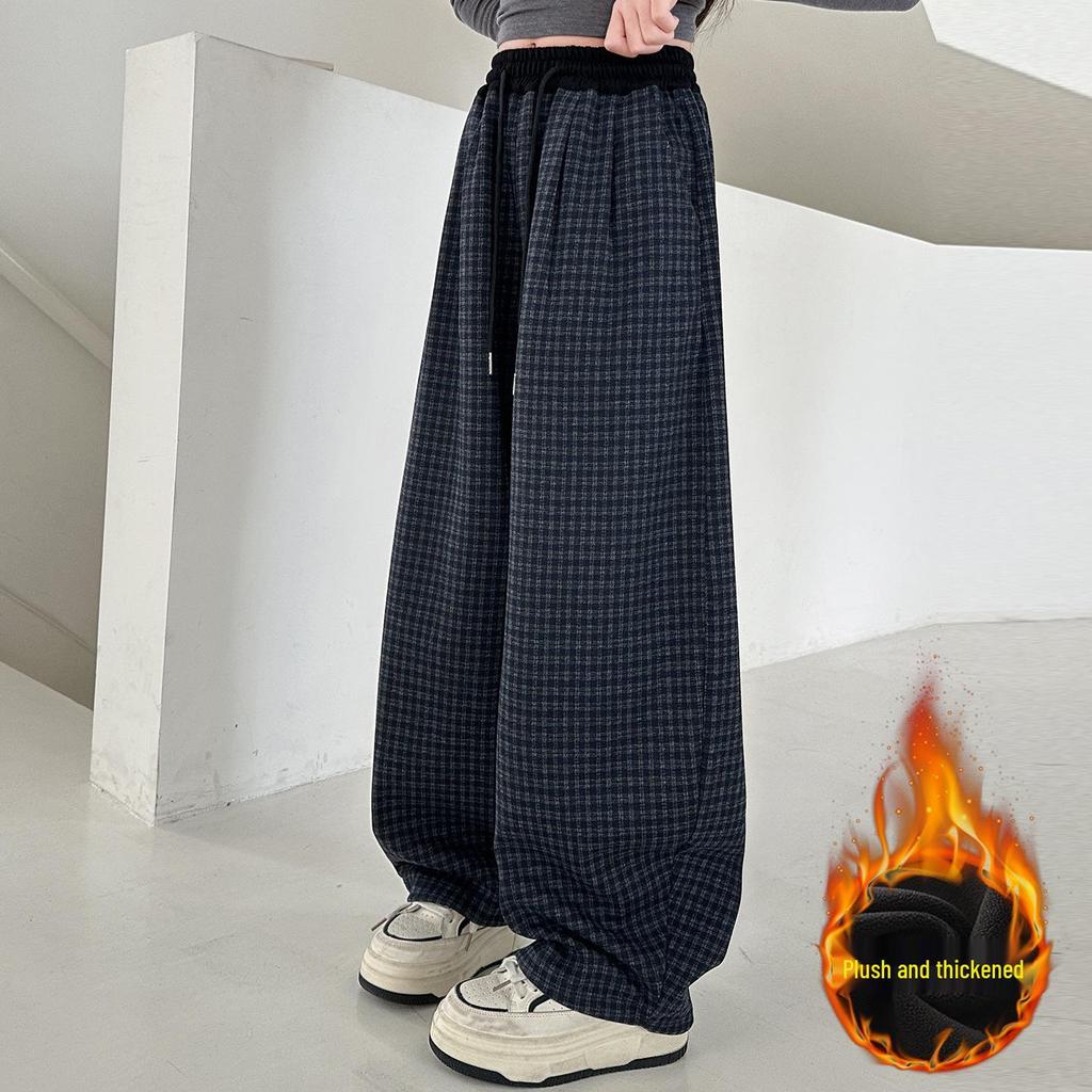 Girls' 2025 Winter Plaid Fleece-Lined Wide Leg Trousers - Warm, Thick, Casual Long Pants