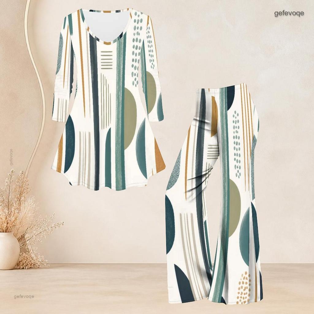 Women Plus Size Printed V Neck Three Quarter Sleeve Flared Top And Flared Pants Two Piece Set