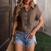 Womens Button Down Shirts Short Sleeve Casual Collared Shirt Loose Blouses Solid Color Tops With Pocket