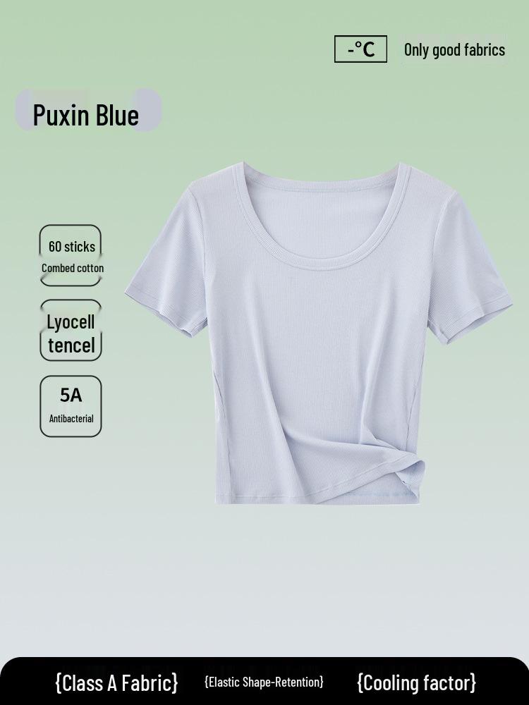 5A Antibakterielles Damen einfarbiges Tencel Baumwoll Ripp Kurzarm Sommer T-Shirt