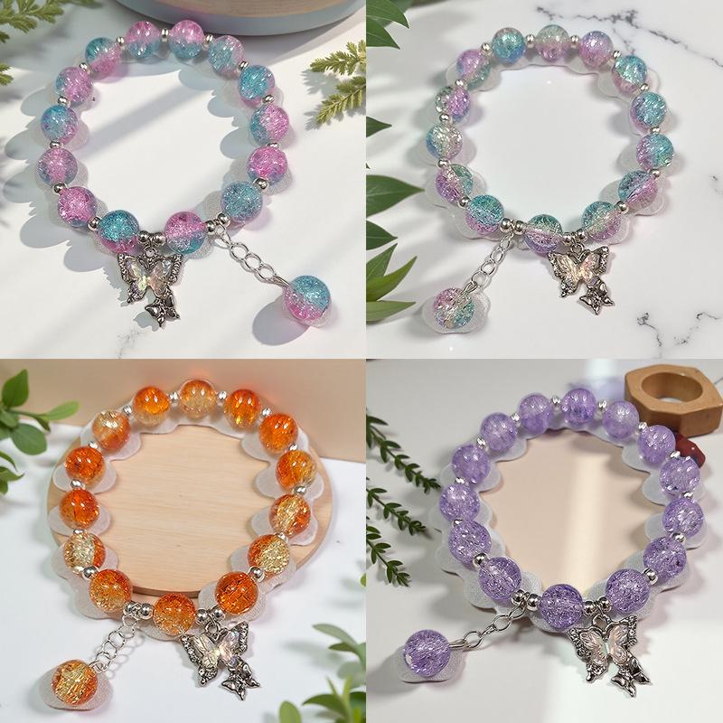 Braccialetto in Vetro Fiore Esplosione Fantasy da 10 mm: Ciondolo Farfalla Colore Degradé Design di Nicchia per Donne e Migliori Amiche.