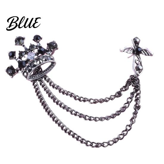 Dark Light Zircon Brooch Men's Pin with Chain British Crown