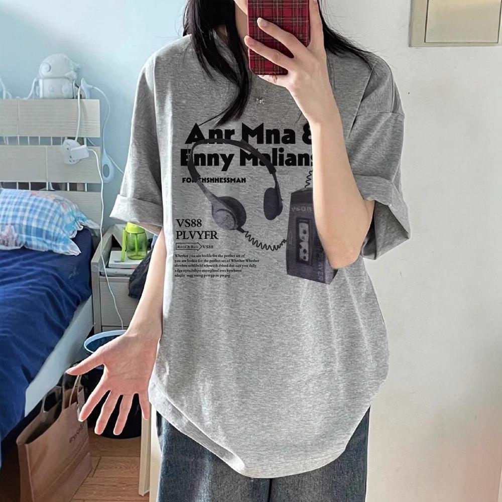 Women's 2025 Summer Retro Loose Fit Cotton Short Sleeve T-Shirt with Hip-Covering Round Neck - Couple Style