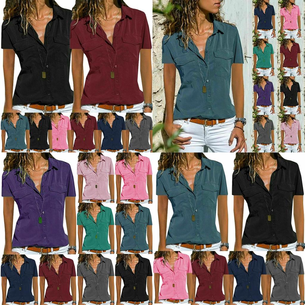 Women V Neck Short Sleeve Shirt Blouse Ladies Summer Tshirt Tops Tee Size Plus