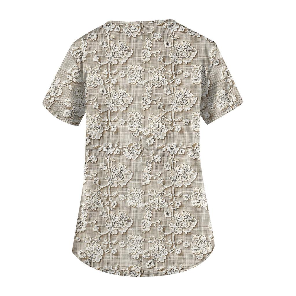 Plus Size Printed Scrub Working Uniform Tops For Women's V-Neck Short Sleeve Fun T-Shirts Workwear Tee With Pockets