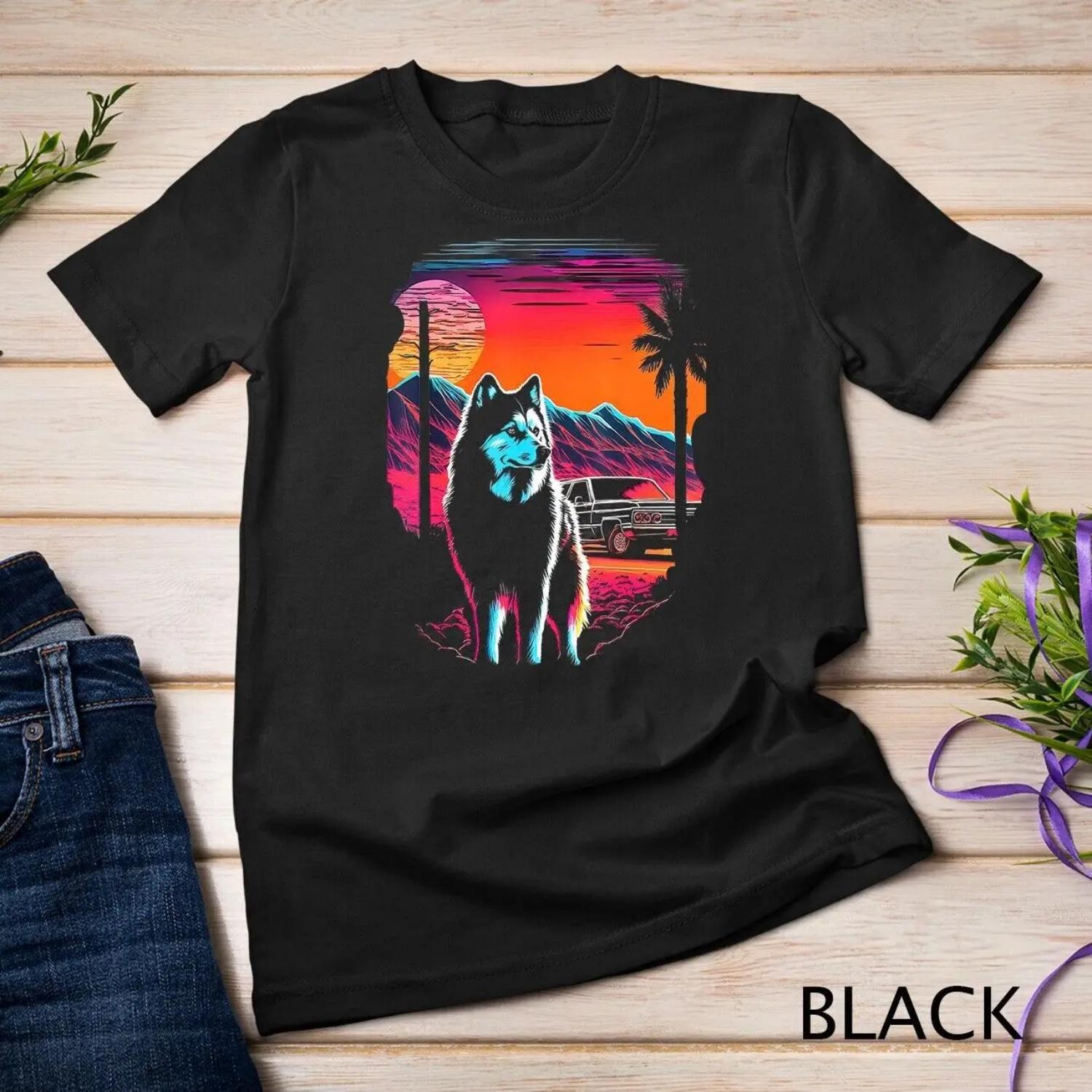 Siberian Husky 80s Sunset Vintage Retro Style T Shirt S