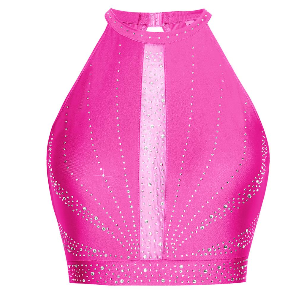 Top Cropped Lyrical Dance Feminino Brilhante com Strass Sem Mangas Costas Vazadas Regata Fantasia de Dança do Ventre