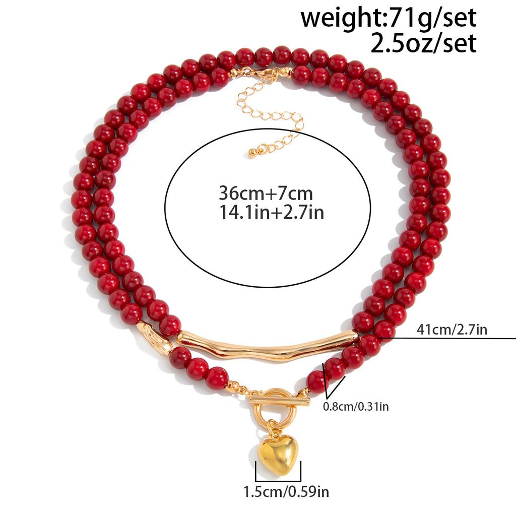 Goth Love Heart OT Buckle Pendant Choker Necklace for Women Vintage Red Plastic Beads Chain Daily Jewelry Gift