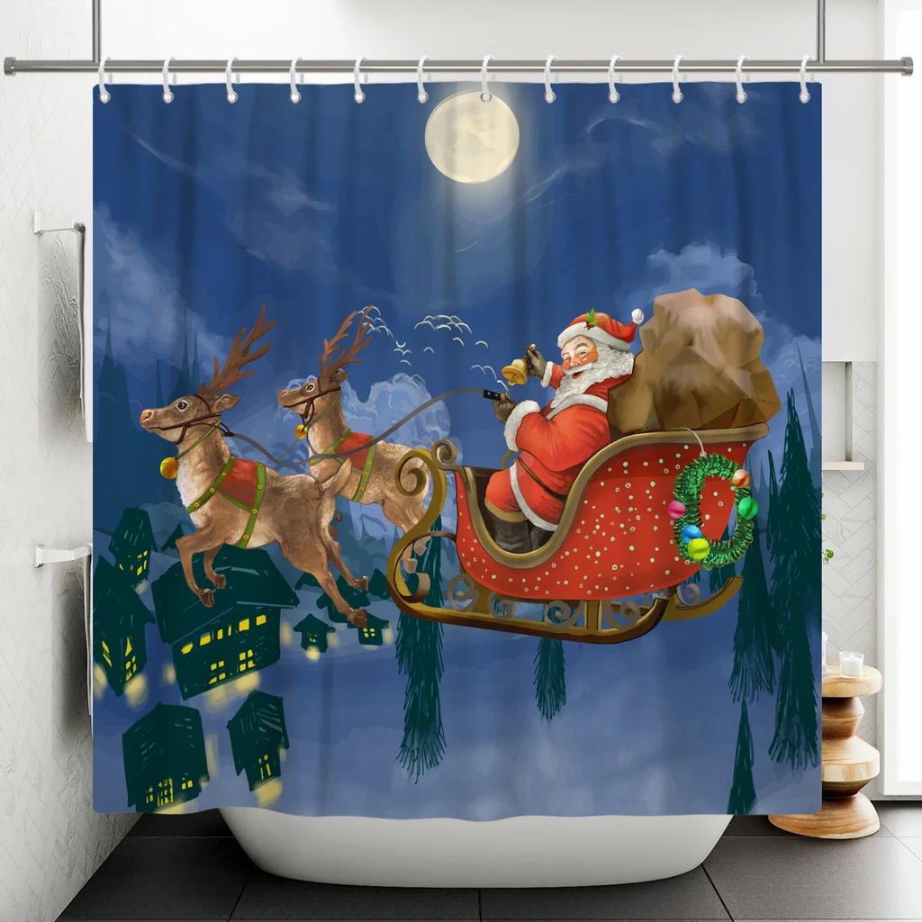 Full Night Moon Christmas Scene Shower Curtain Santa Claus Elk Deer Bathroom Partition Waterproof Hanging Curtain With Hooks