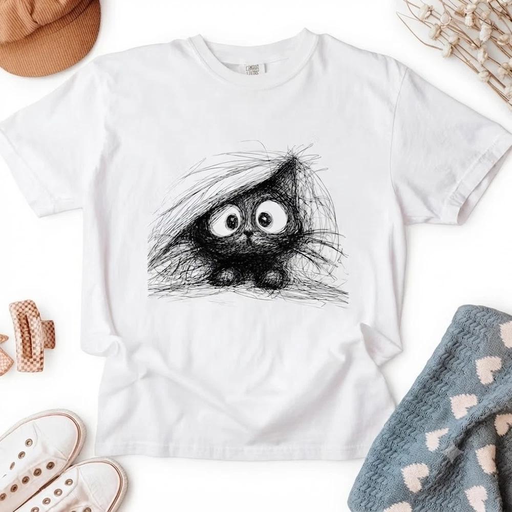 Abstract Cat Line Modern Sketch Animal White TShirt S