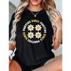 Women's Black Crewneck T-Shirt with Positive Vibes Daisy Print & Joyful Face Design - Soft Casual Short Sleeve Round Neck Top for Casual Attire,